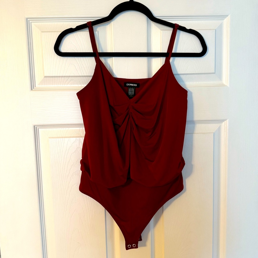 Express Burgundy Ruched Thong Bodysuit